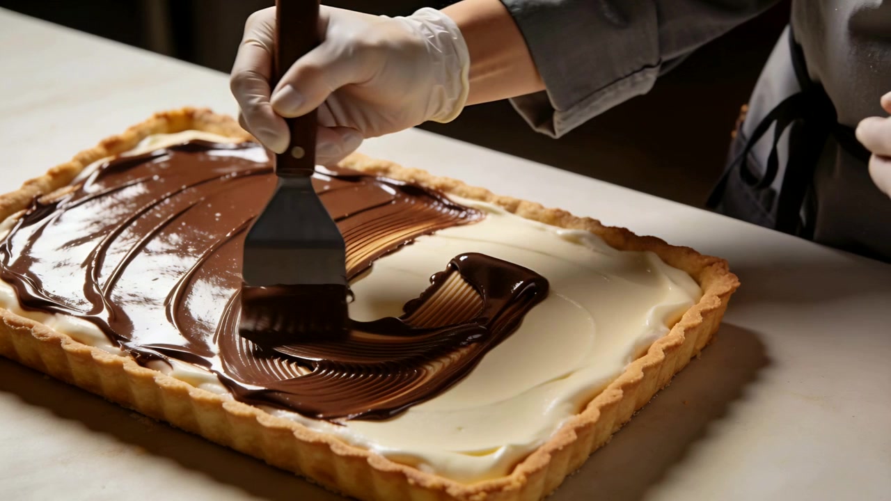 Bringing gloved spatula, aproned baker sweeping chocolate over rectangular tart on marble