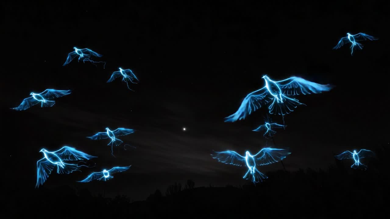 Illuminated Birds in Flight: A Stunning Display of Ethereal Blue Electric Wings Against a Twilight Sky, Capturing the Essence of Freedom and Magic in a Nightscape