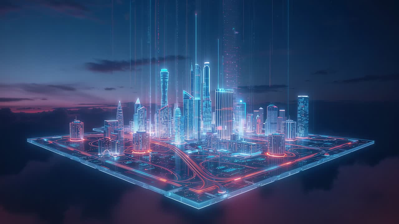 Descending light streams pulsing roads across neon skyscrapers on platform above clouds at twilight