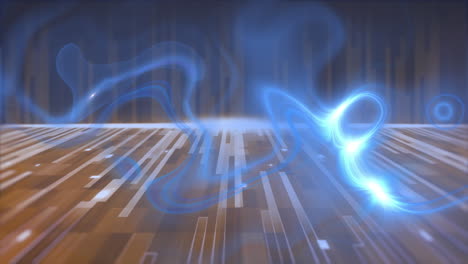 animation of glowing blue vapour over moving brown and grey lines and dark background