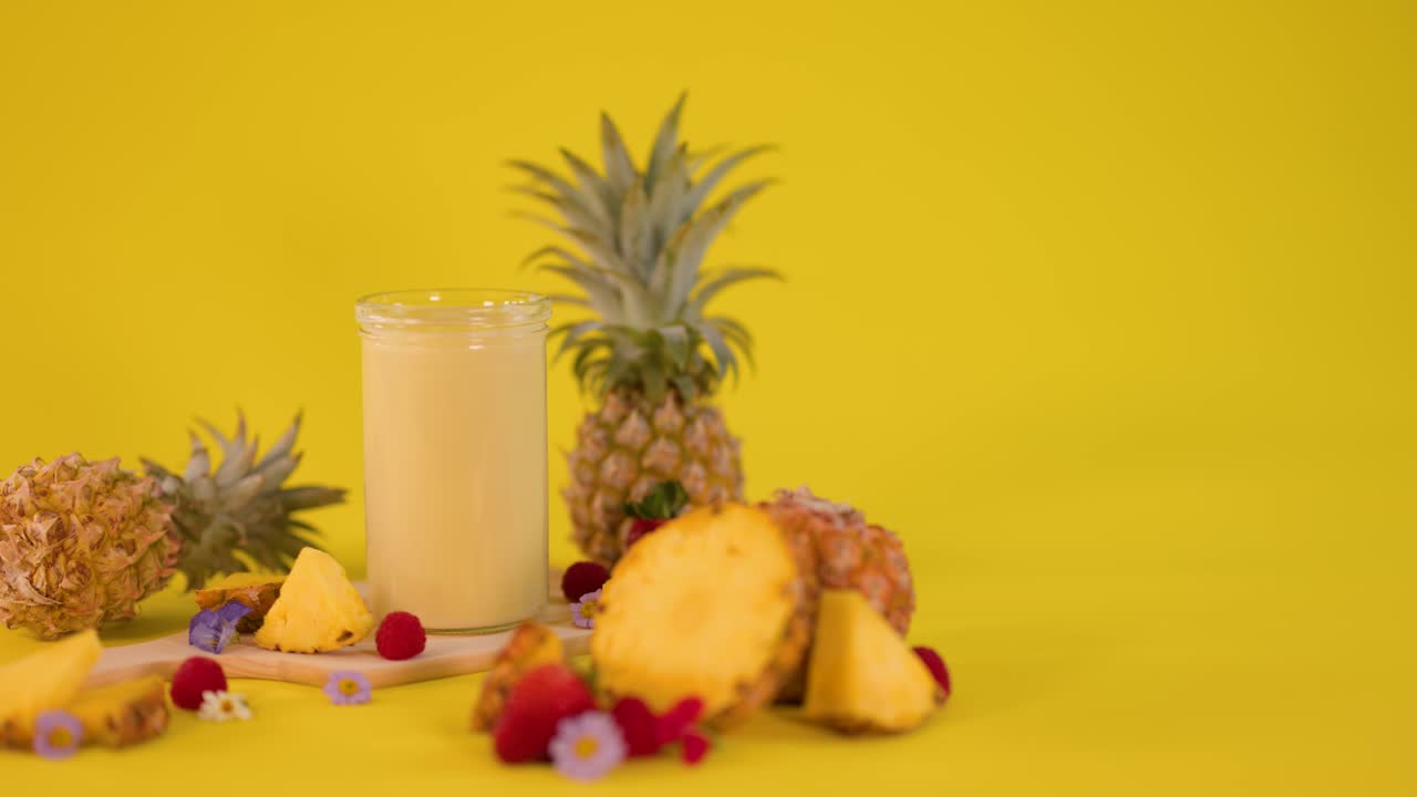 Hand tops pineapple smoothie with whipped cream, surrounded by tropical fruit on bright yellow background
