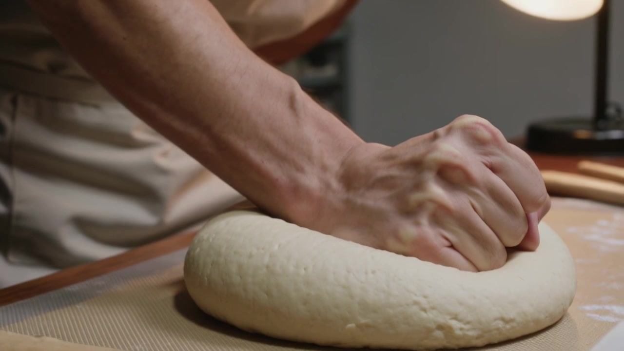Shaping baker pressing and rotating dough into ring after towel lift at worktable on silicone mat