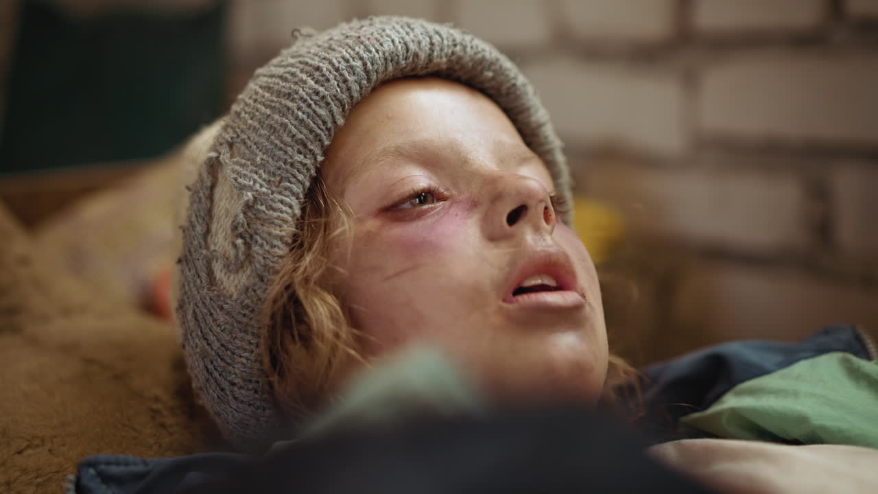 Close up of young refugee child lying weakly with bruised swollen eyes and dirt-stained face, eyes half open, lips parted while coughing, wearing torn wool hat and jacket after postapocalypse