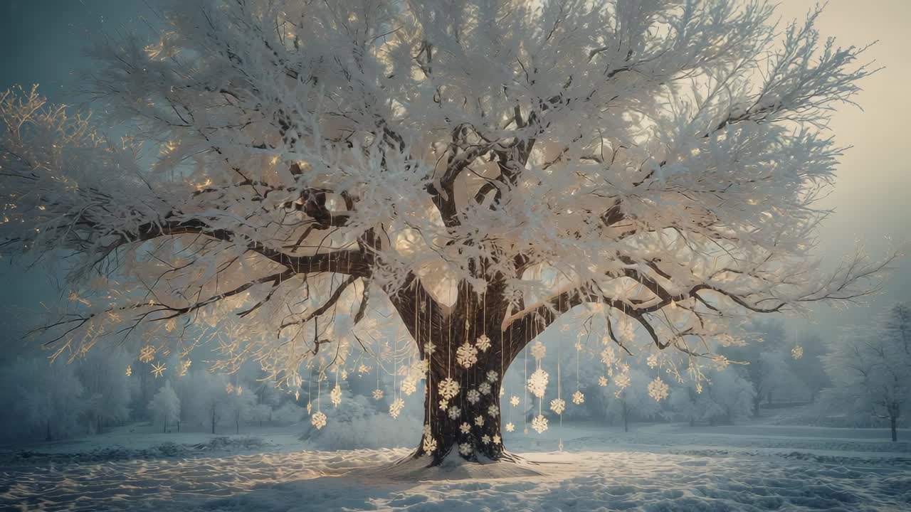 Soft breeze nudging snowflake decor swaying, camera panning showing frosty tree in snowy woods