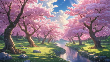 A Serene River Lined with Pink Cherry Blossom Trees