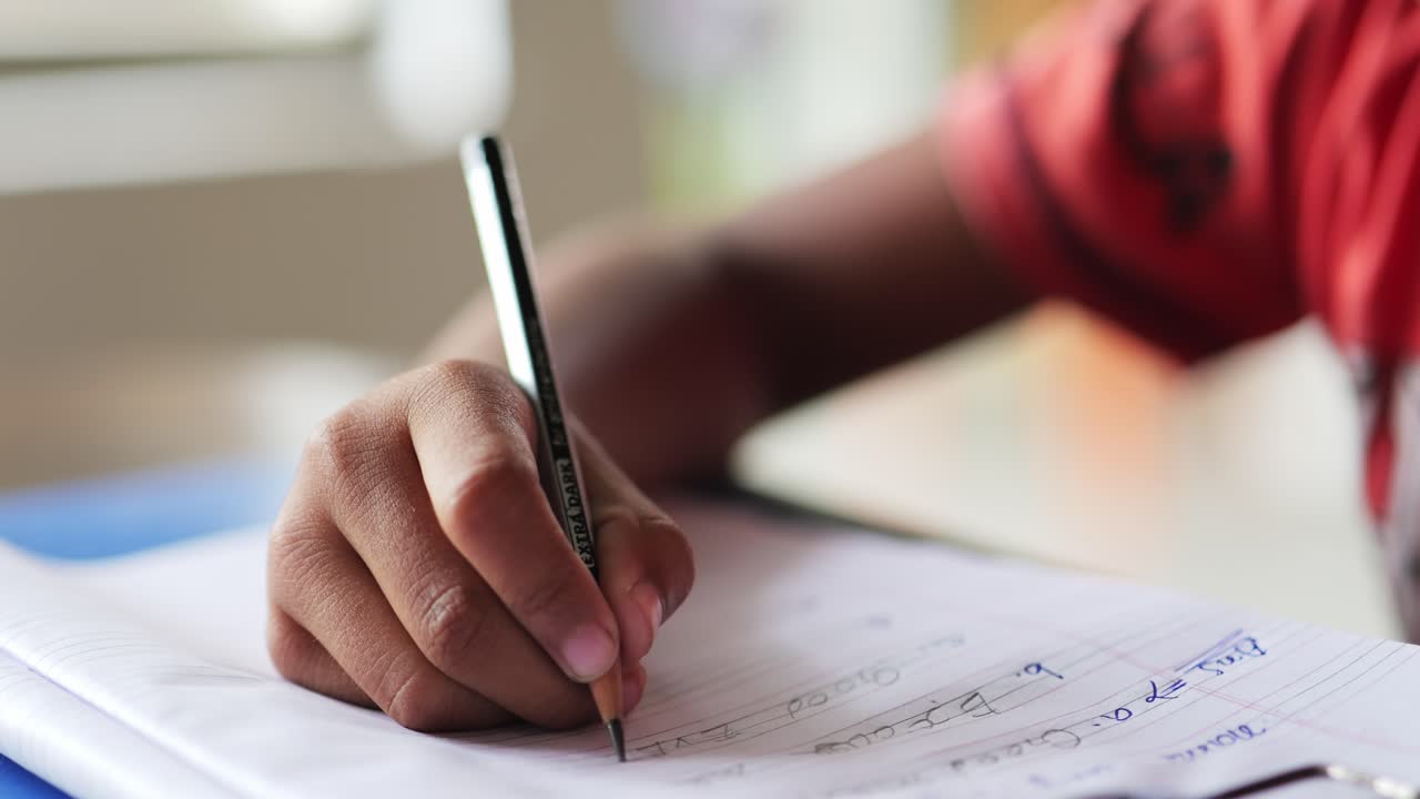 Boy learning to write on his notebook