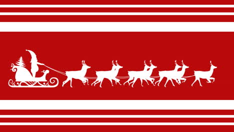 animation santa claus in sleigh with reindeer moving on red striped christmas background