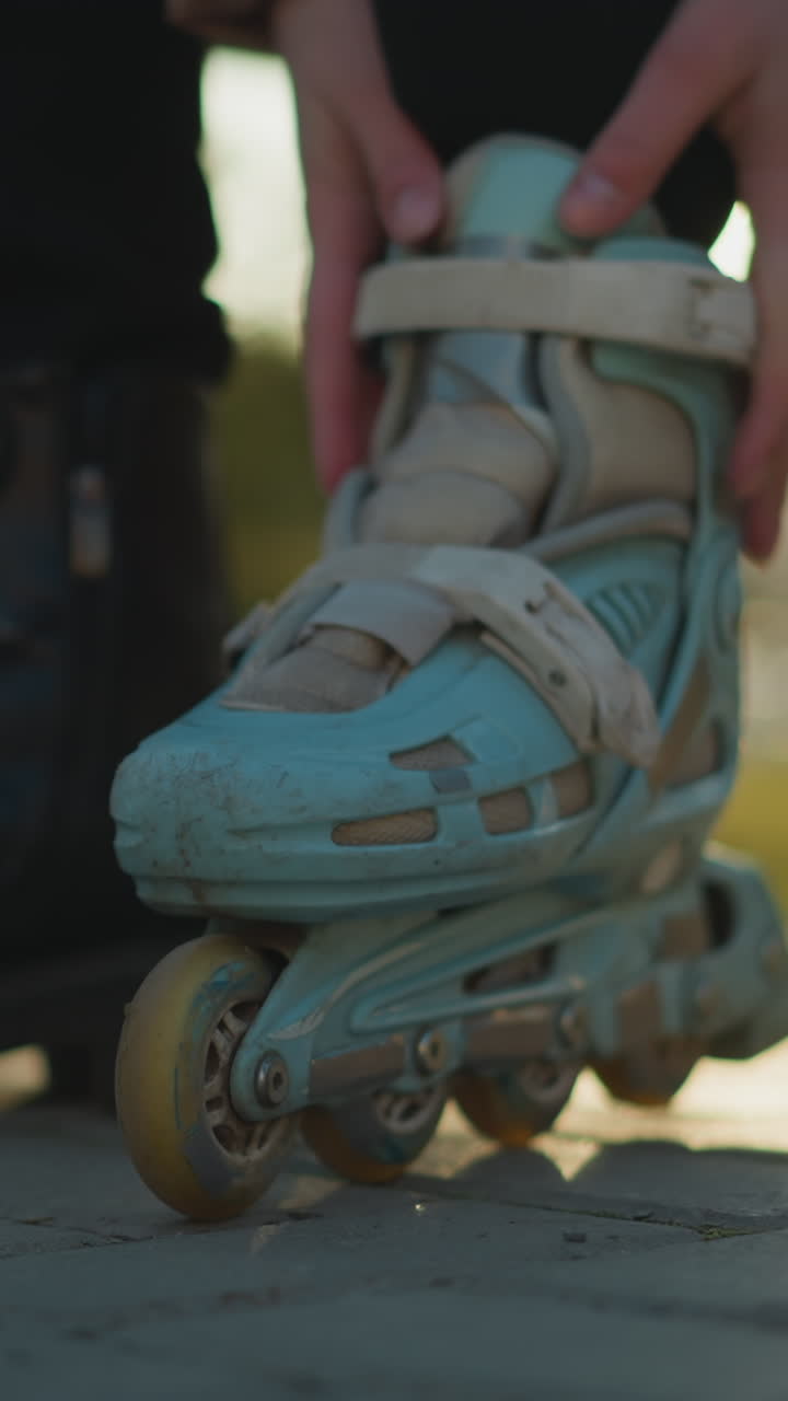 Close-up shot of a person sitting in a park, fastening the straps of a light blue rollerblade on one foot while the other leg is still wearing a black boot