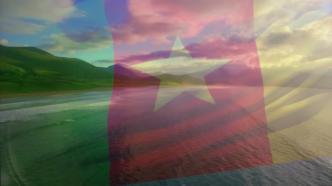 animación de la bandera de ecuador ondeando sobre el paisaje de la playa