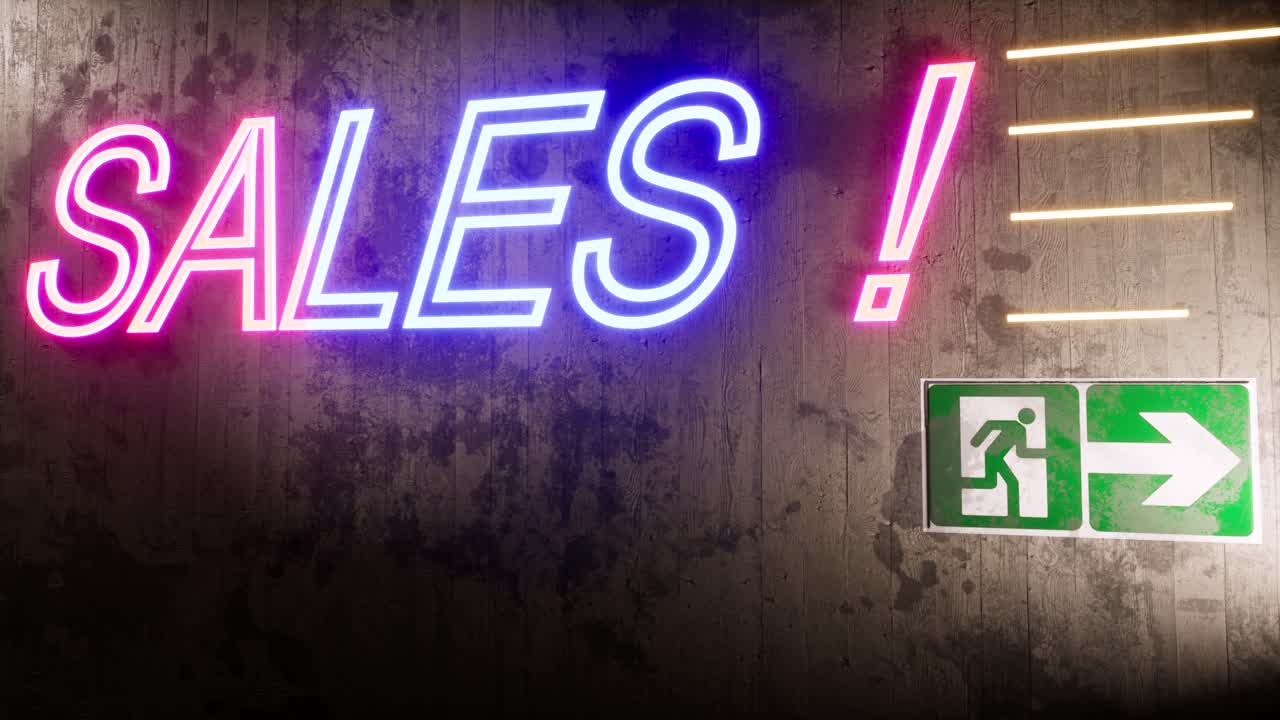 cartel de neón de ventas, en una pared de hormigón, con grietas y suciedad por todas partes, un cartel de salida y letras de neón que cambian de color, alejamiento de la cámara de animación 3d