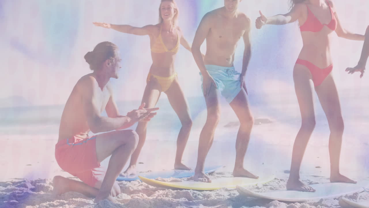 Four friends practicing surfing on beach sand near waves, showing health chart on surfboards