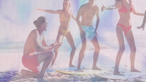 four friends practicing surfing on beach sand near waves, showing health chart on surfboards