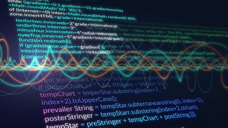 Laden van code wordt gestart, veelkleurige golfvorm pulseert onder JavaScript-regels die datastroom tonen