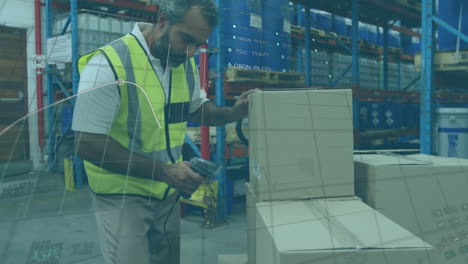 animation of data processing over caucasian male worker in warehouse