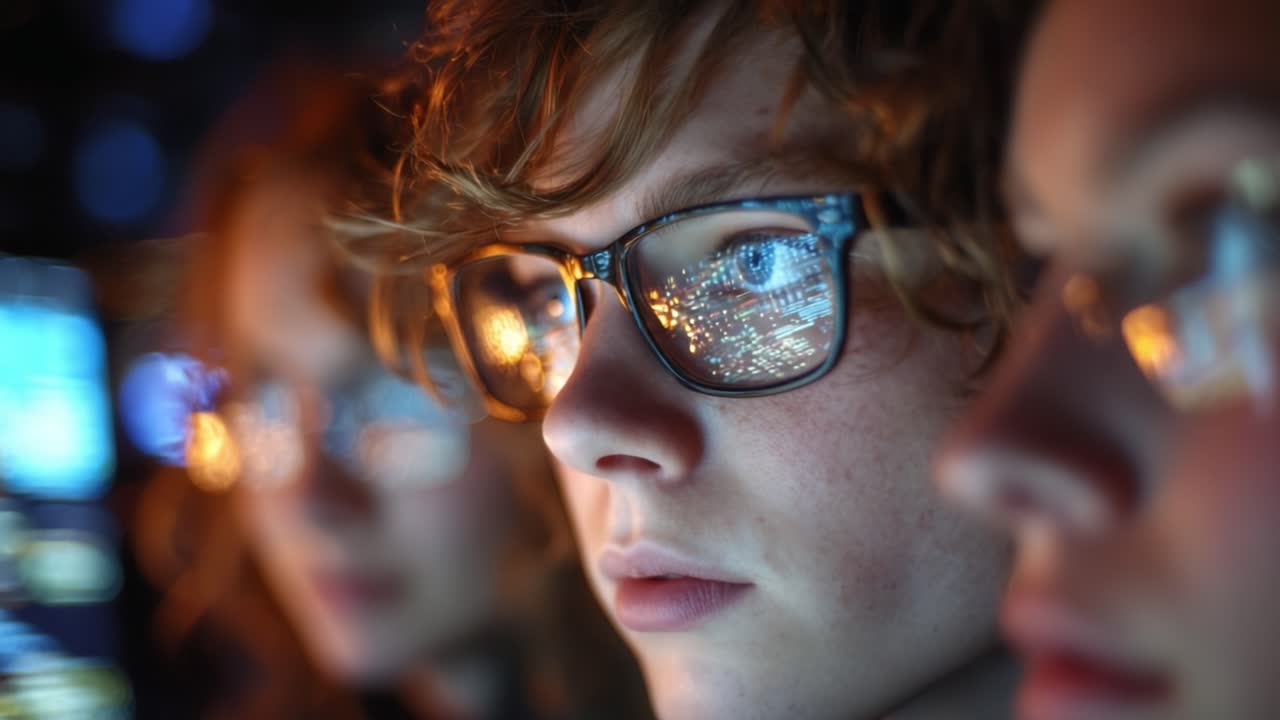 A Thoughtful Contemplation: A Close-Up of a Young Individual with Glasses, Reflecting Digital Images and Emotions Amidst a Multitude of Engaging Screens