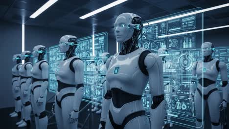 futuristic scene of humanoid robots in a high-tech laboratory setting with interactive displays demonstrating advanced ai technology and robotics innovations
