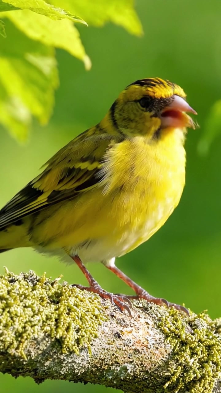 Primo piano accattivante di un vivace verdone appollaiato tra una lussureggiante vegetazione, che mostra le sue splendide piume gialle e le sue espressioni intriganti nel suo habitat naturale.