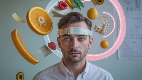 man with papers on forehead surrounded by floating fruits and diagrams