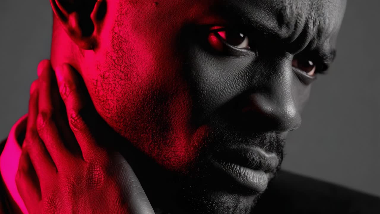 Intense Emotion: A Portrait of Struggle and Reflection Captured in Striking Black and Red Tones Revealing Deep Inner Conflict and Thoughtful Contemplation