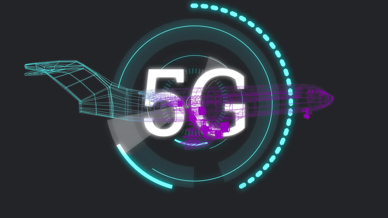 testo 5g su scanner rotondo al neon contro modello di aereo 3d che gira su sfondo nero