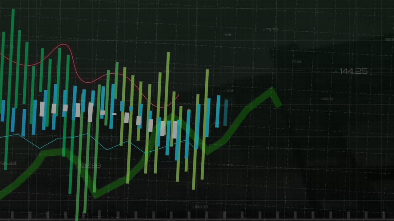 animación del procesamiento de datos financieros sobre el paisaje urbano sobre un fondo oscuro