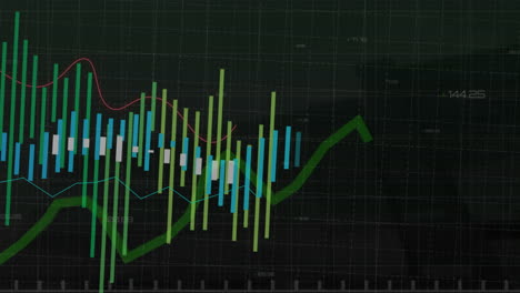 Animation-of-financial-data-processing-over-cityscape-on-dark-background