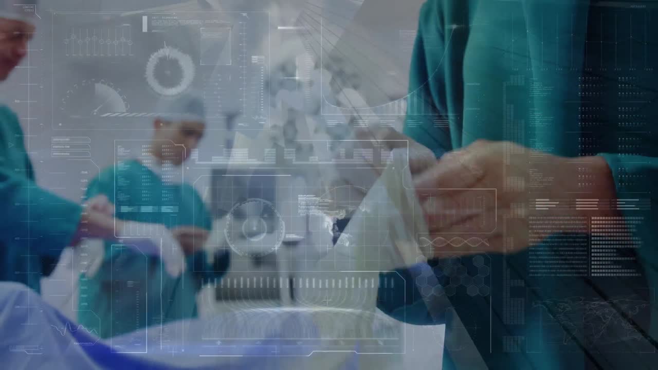 수술실에서 두 명의 백인 외과의사에 대한 연결 네트워크의 애니메이션