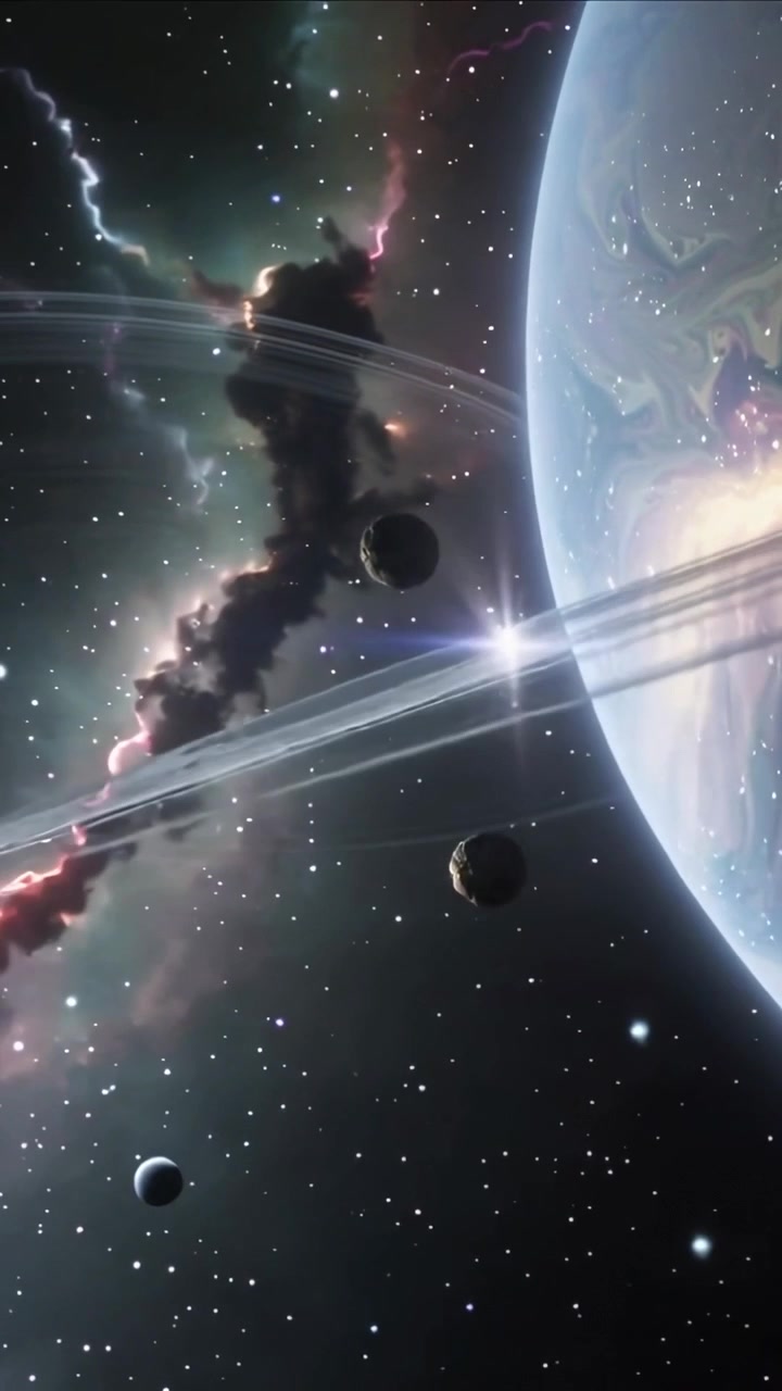 Vertical video: Pulling back camera revealing ringed gas giant at right, rings and moons emerging