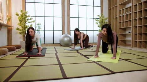 Frauen-Machen-Yoga-Drinnen