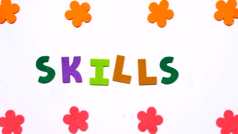 the word skills is written in dancing letters of the colored alphabet.