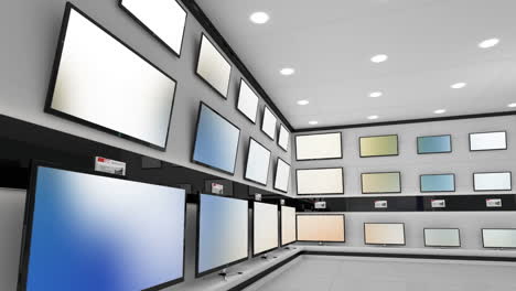 interior of electronics store with synchronized video playing on screens of multiple televisions