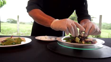 chef arranging salad and then puts cheese squares