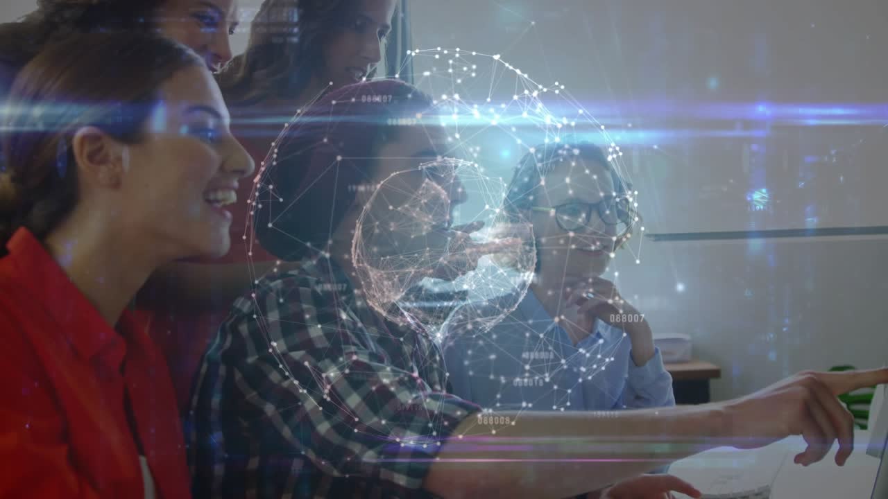 Seated man pointing at monitor and using mouse, team reviewing tech data with rotating globe
