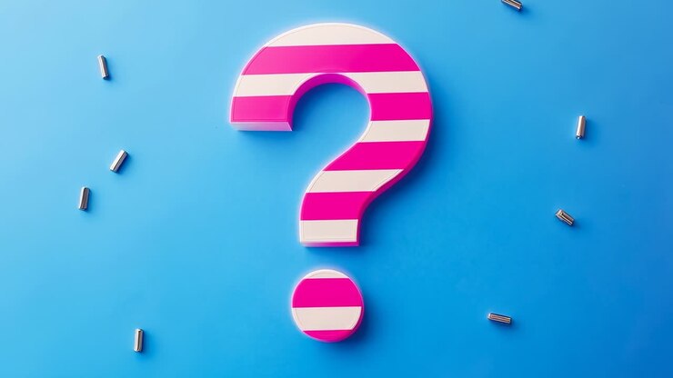 Camera zooming 3D pink-white question mark growing closer on blue backdrop, capsules exiting frame