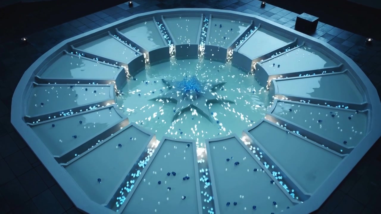 Pulsing timed lights moving LED points toward star sculpture in night plaza, showing control box