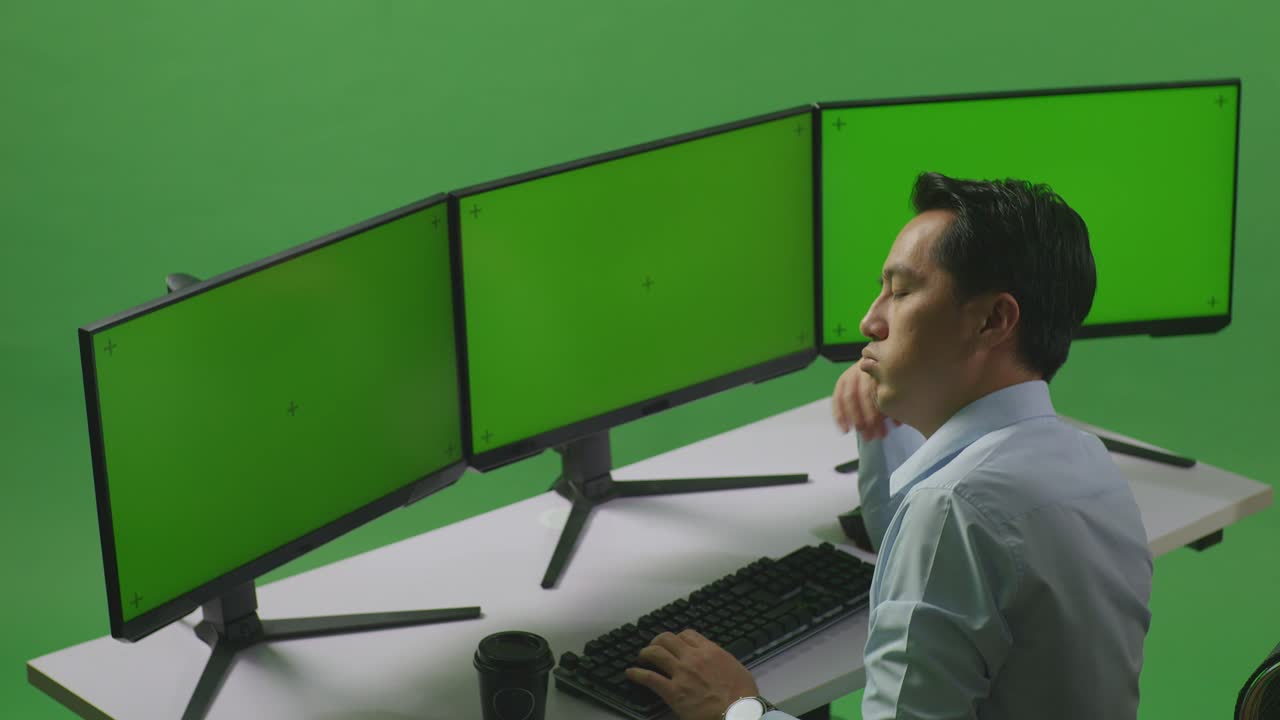 vista lateral de un hombre asiático aburrido trabajando con múltiples monitores de computadora en un estudio de pantalla verde