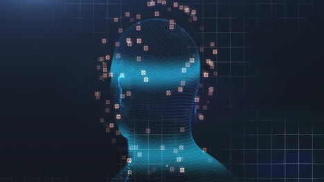 digital human head with data points and grid, artificial intelligence animation