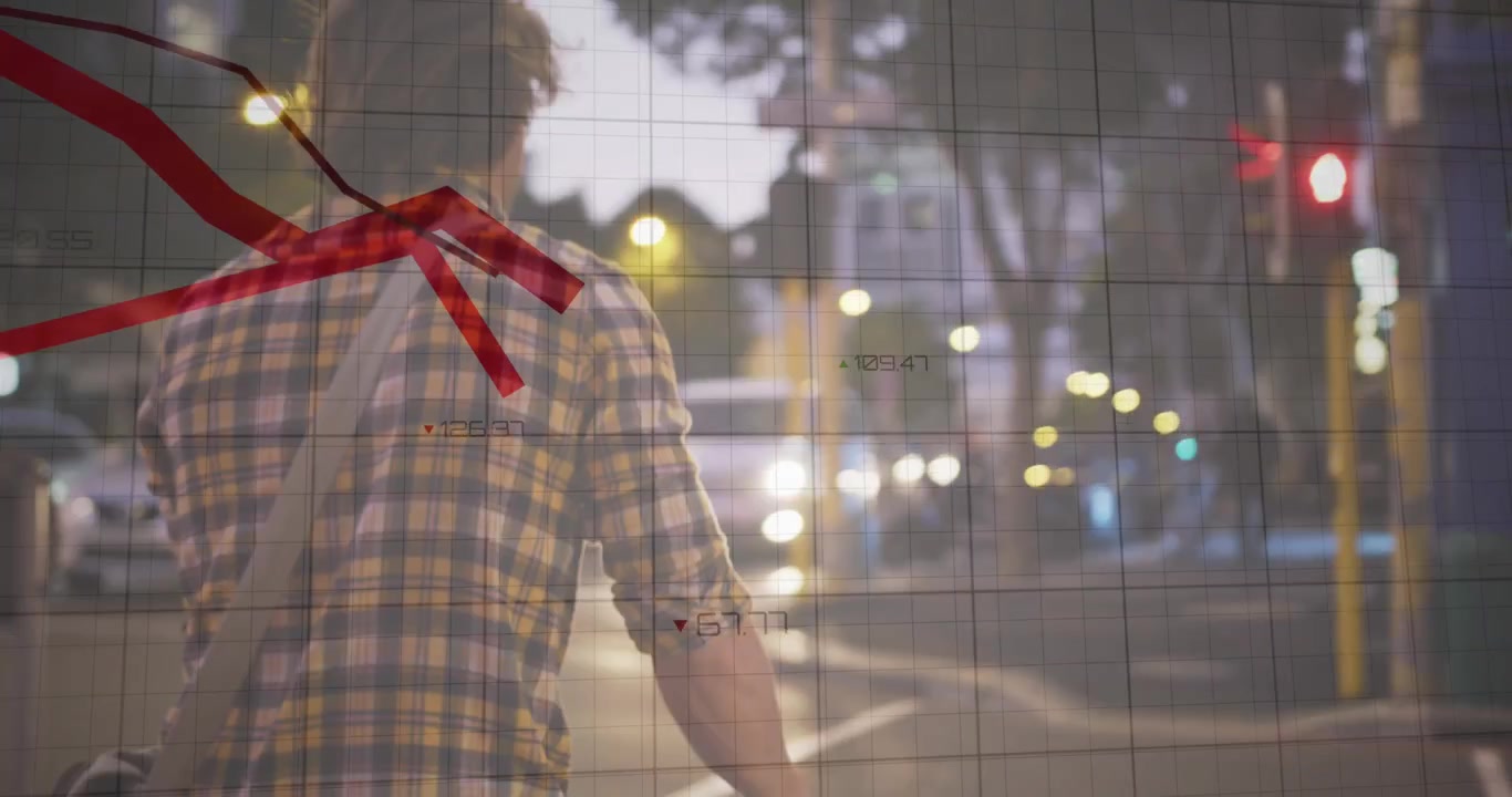 Animación de líneas rojas y procesamiento de datos financieros sobre empresario caucásico con bicicleta.
