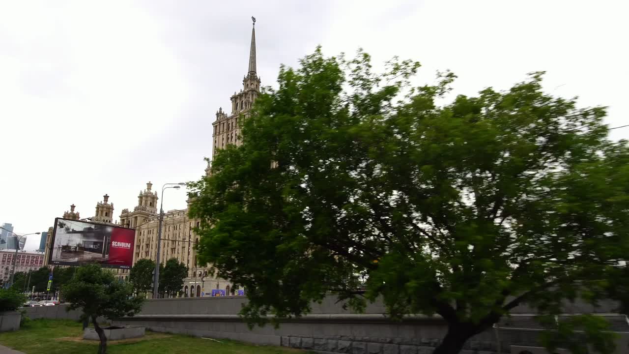 Establishing drone shot of Stalinist style skyscraper in Moscow Russia