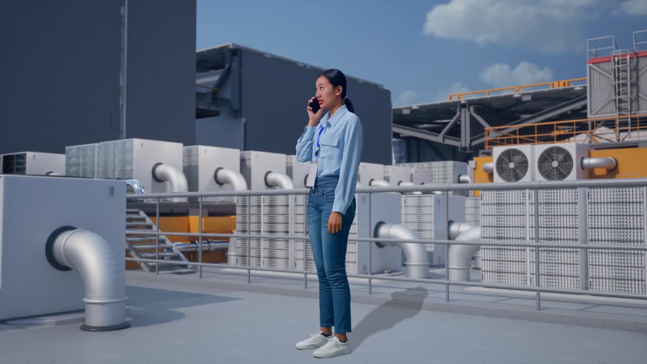 Full Body Side View Of Asian Female, Worker Inspecting Rooftop HVAC Units in Industrial Building, She Is Speaking With Someone In The Phone