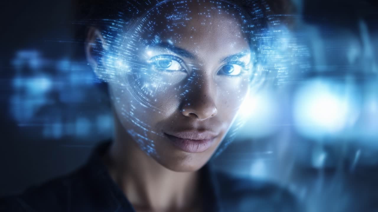 A close-up portrait of a woman with a futuristic digital interface overlaying her face, illustrating the integration of technology and human expression in a modern context