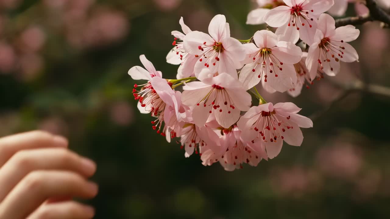 Mano che entra da sinistra, tocca, fa scorrere fiori di ciliegio rosa su un ramo in giardino, controllando la fioritura