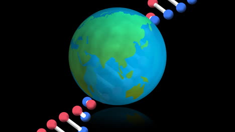 animation of globe spinning over dna strand spinning on black background