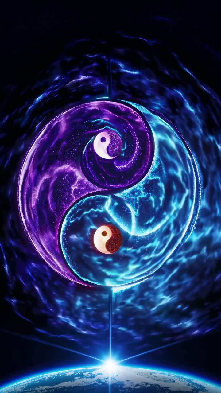 A cosmic yin-yang symbol with swirling purple and blue energy, viewed from a low angle