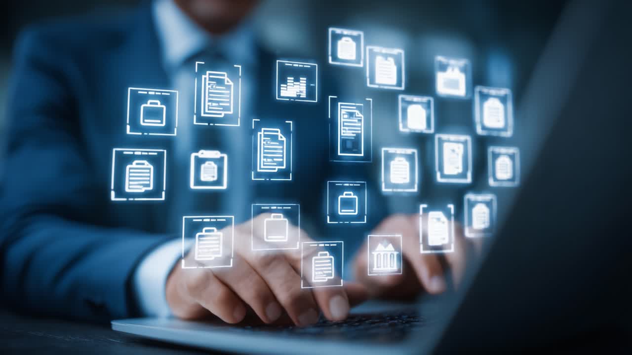 Modern Business Professional Engaged in Digital Document Management on a Laptop, Utilizing Cutting-Edge Technology for Efficient File Organization and Data Processing
