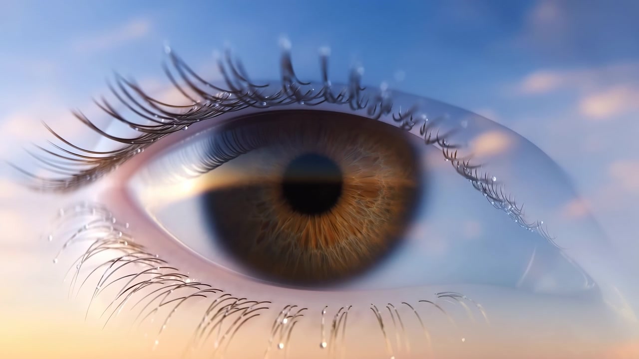 Vista macro dettagliata dell'occhio umano con goccioline che scivolano lungo le ciglia, riflessi tenui sulla cornea, un leggero cambiamento di colore dell'iride, texture della pelle umida, bellezza calma e visione chiara, con occhio, iride.
