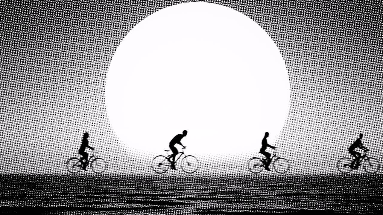 halftone style animation with bicycles and bicyclist silhouettes moving left to right in front of a huge sun, 3D animation, halftone style animation