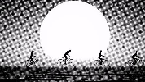 halftone style animation with bicycles and bicyclist silhouettes moving left to right in front of a huge sun, 3d animation, halftone style animation