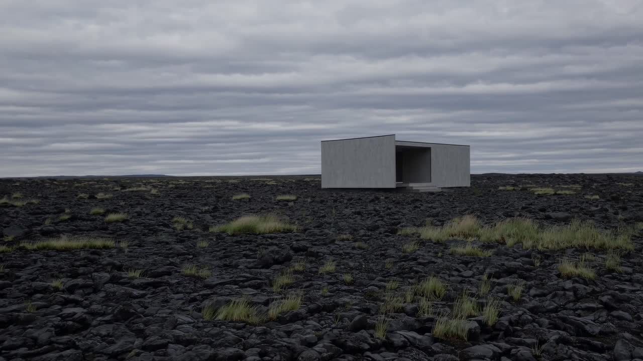 Minimalist concrete dwelling perched on barren Icelandic lava landscape, minimal vegetation framing stark architectural silhouette against brooding overcast sky, embodying profound isolation