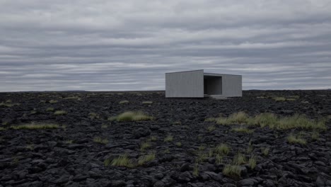 minimalist concrete dwelling perched on barren icelandic lava landscape, minimal vegetation framing stark architectural silhouette against brooding overcast sky, embodying profound isolation